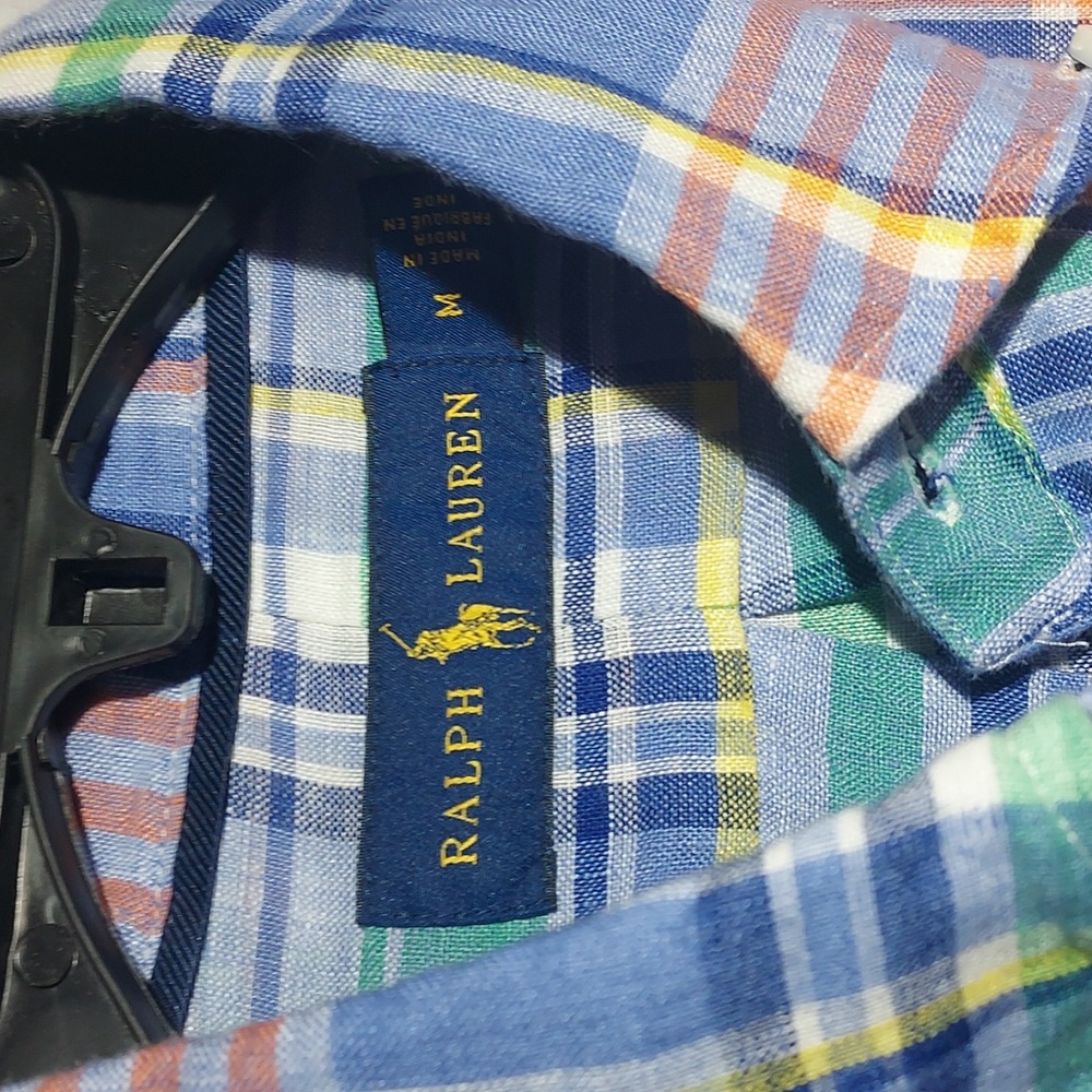 Polo Ralph Lauren 100% Linen Plaid‎ Long Sleeve Button-down Mens Shirt Size Med - Picture 3 of 7